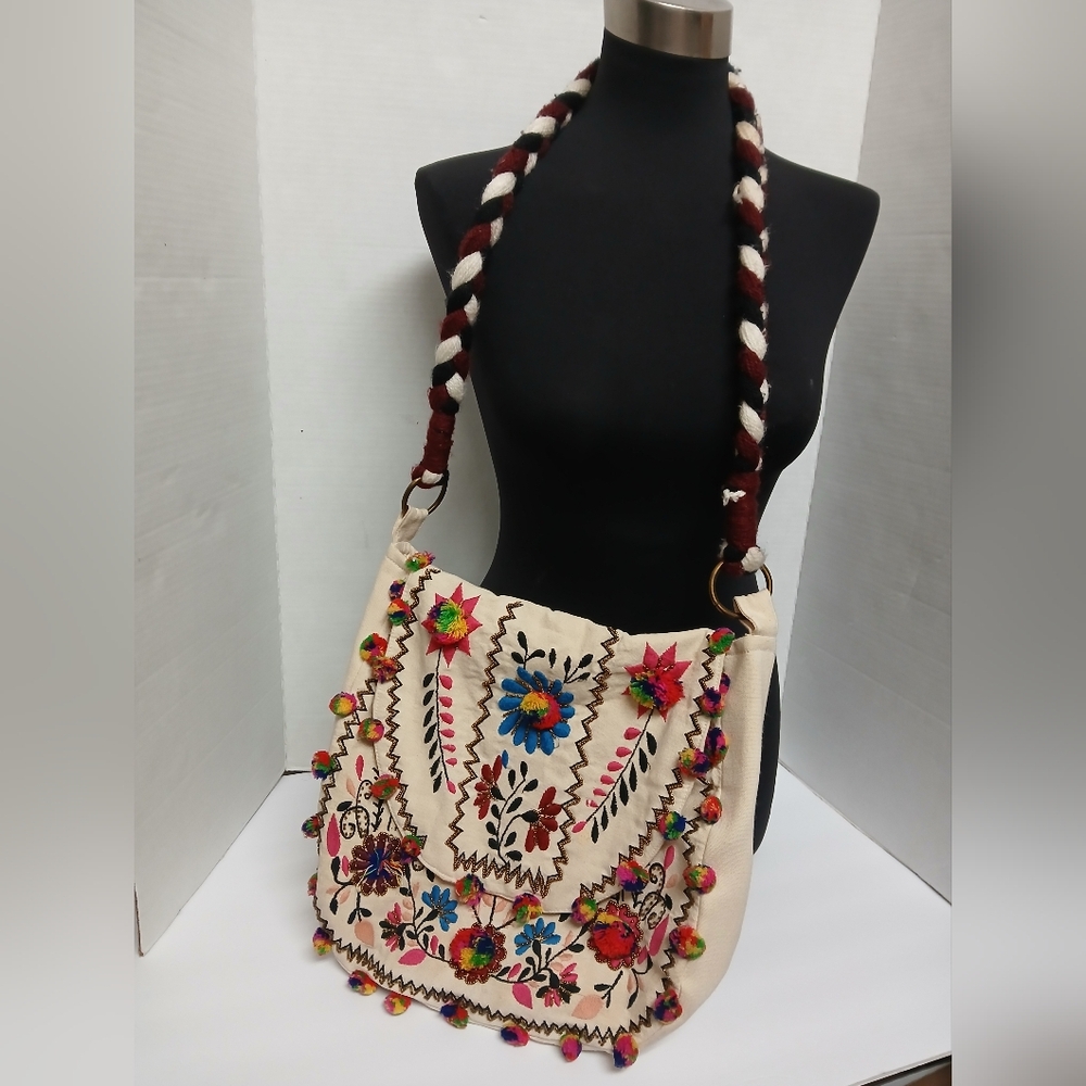 Evelyn K Vintage -Styled Hand-Embroidered Boho Hobo Women Pom-Pom Shoulder Purse